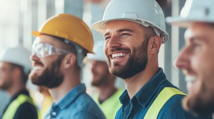 Obraz premium Happy Construction Workers in Hard Hats: Teamwork & Safety Gear on Building Site