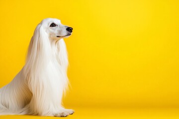 Afghan Hound dog with flowing coats on colorful studio background.