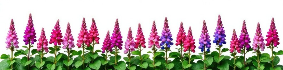 Row of Salvia flowers against a plain white background, garden, clean