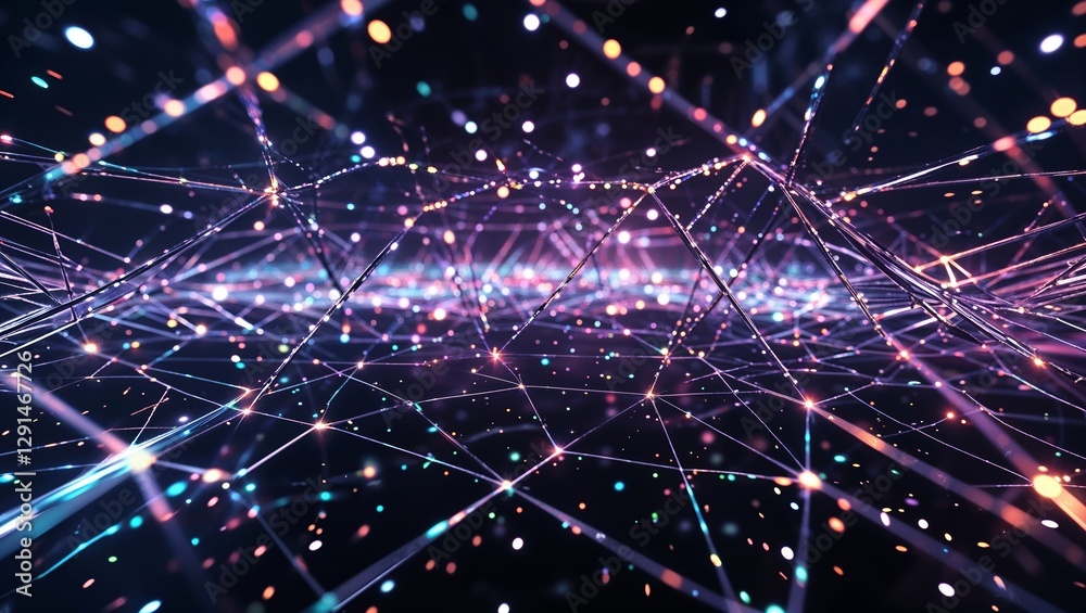 Poster colorful abstract digital network with glowing lines and points in a dark background creating a sens