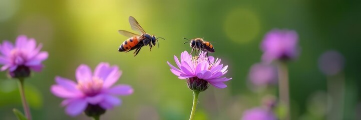 Royal insect hovering above purple wildflowers, wildlife, nature