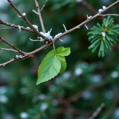 A single green leaf clings to a bare Christmas branch, foliage, festive