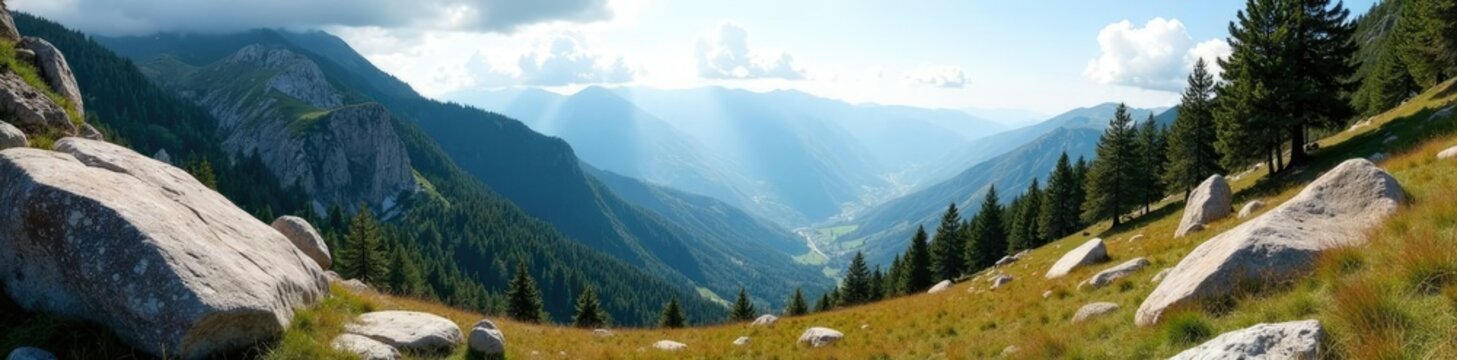 rugged terrain with granite boulders and trees, mountains of galicia, wilderness, caras de roca