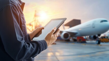 Global Mobility: Businessman Utilizing Mobile Technology on Tablet at Airport Departure”
