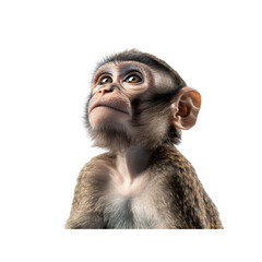 Close up of young monkey sitting and looking forward with neutral expression, isolated on transparent background, png