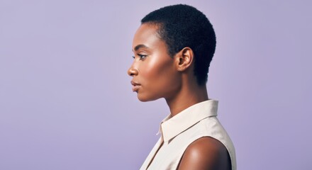 Profile of young african female in white blouse against purple background