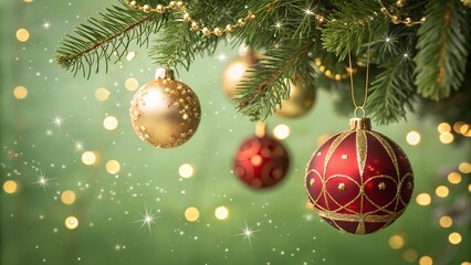 Naklejka premium Christmas ornaments on a fir tree branch