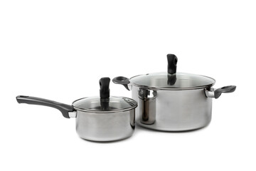 Stainless steel saucepan isolated on white background. Modern saucepan. Kitchen utensils. Cooking pan. Cooking concept. Mockup