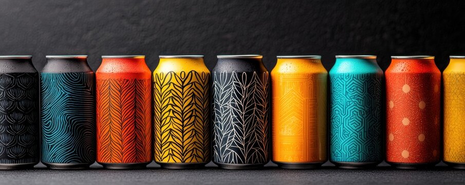 A vibrant lineup of colorful, patterned beverage cans against a dark background, showcasing modern design and branding.