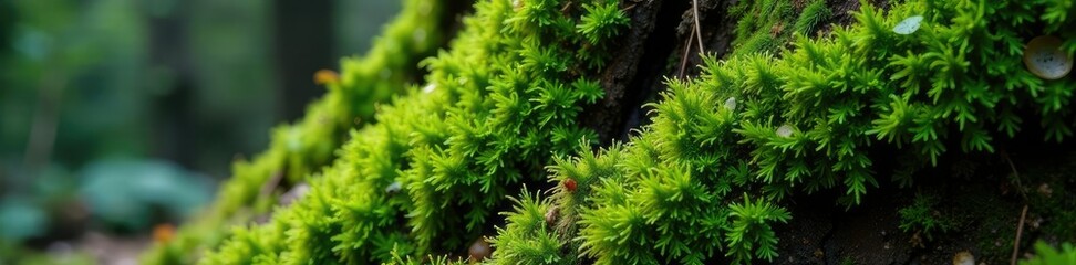 Dense green moss covers the ancient tree trunk, fungi, tree bark, natural world