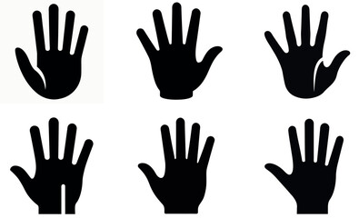 Six simple, black silhouette images of hands, displayed against a pure white background.