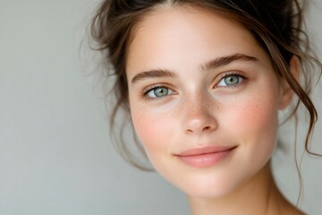 Naklejka premium Close-up portrait of young woman showing perfect skin and smiling