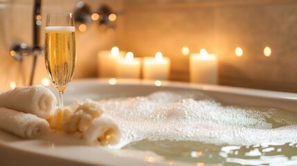A luxurious bathtub filled with foamy water, surrounded by candles, bath salts, and a glass of champagne, representing a pampering self-care experience