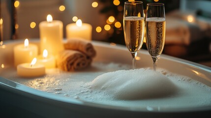 A luxurious bathtub filled with foamy water, surrounded by candles, bath salts, and a glass of champagne, representing a pampering self-care experience