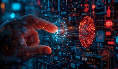 Obraz premium Futuristic Cybersecurity Concept with Digital Fingerprint and Holographic Interface