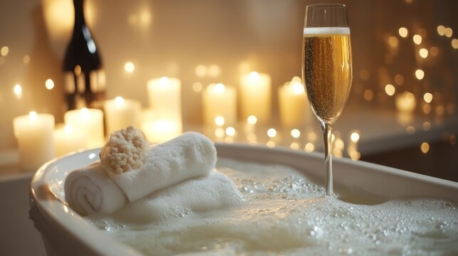 A luxurious bathtub filled with foamy water, surrounded by candles, bath salts, and a glass of champagne, representing a pampering self-care experience