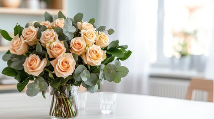 Obraz premium Light-filled kitchen features a beautiful bouquet of roses and eucalyptus on a smooth table, complemented by a glass nearby