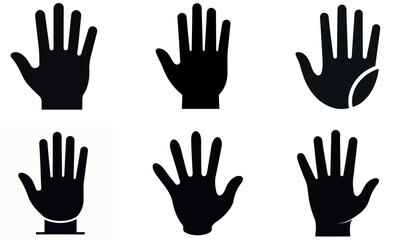 Six simple, black silhouette images of hands, displayed against a pure white background.