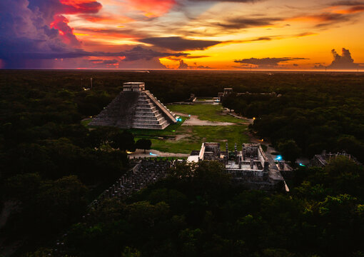 Chichen tiza Mexico aerial shot during sunset