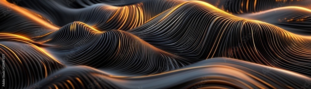 Poster computer generated image of a blue wave with a smooth surface and reflections on a dark background