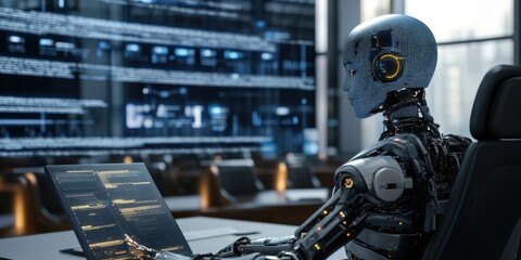 Fototapeta premium AI-enhanced legal office with virtual AI assistants analyzing case law and providing insights
