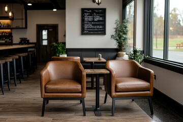Fototapeta premium A cozy cafe interior featuring two brown leather chairs, a small table, and a large window with natural light.