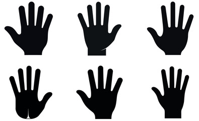 Six simple, black silhouette images of hands, displayed against a pure white background.
