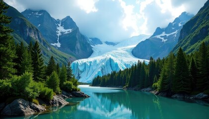 Fototapeta premium Glaciers' icy tongues reach into the forest canopy, forest, trees