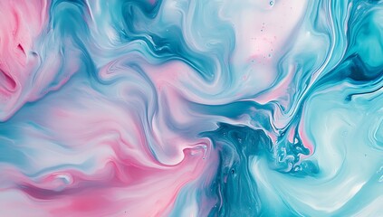 Fototapeta premium An abstract fluid art background showcasing a harmonious blend of pastel pink, blue, and teal hues. The swirling shapes create a mesmerizing, dreamlike effect, perfect for modern design projects.