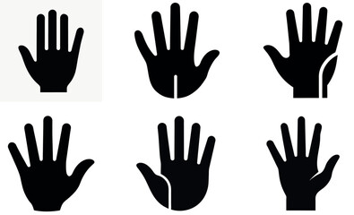 Six simple, black silhouette images of hands, displayed against a pure white background.