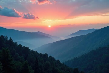 Obraz premium Misty dawn breaking through the Smoky Mountains, sky, clouds, smoky mountains