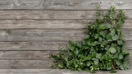 Rustic wooden wall, green plants corner, nature background, design template