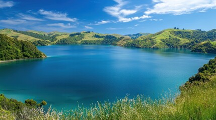 Naklejka premium A clear blue lake surrounded by green hills