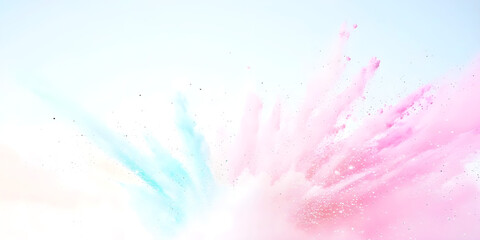 Obraz premium Abstract explosion of pink and blue powder against a light background, creating dynamic and artistic composition with soft and airy feel