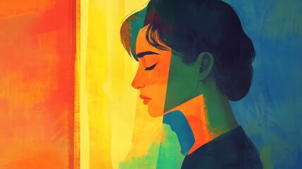 A serene portrait of a woman in profile, bathed in colorful light, reflecting introspection
