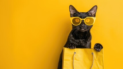 Stylish Black Cat with Yellow Sunglasses Holding a Shopping Bag on Yellow Background