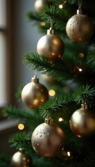 Row of gold and silver balls hanging from the Christmas tree, ornaments, holiday, silver