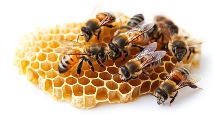 Bees in honeycomb closeup, queen bee among the bees on white background with text copy space