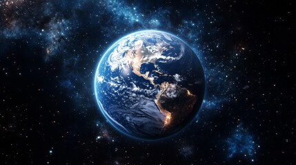 Naklejka premium A stunning view of Earth from space, showcasing continents and atmospheric details in the cosmos
