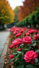 Fototapeta premium Rows of blooming rose bushes in a public square, autumn leaves, garden