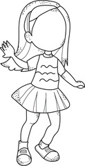 A black-and-white line drawing of a young girl in a playful pose.
