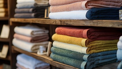 A cozy café-style display of vibrant towels arranged on wooden shelves, highlighting their textures and rich colors, bathed in soft, natural light. Perfect for home decor or lifestyle themes.