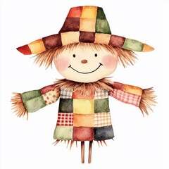 Watercolor scarecrow in a cozy farm setting cheerful illustration rustic charm vibrant colors, isolated on white background