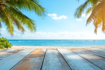 Top of wood table with seascape and palm tree, blur bokeh light of calm sea and sky at tropical beach background. Empty ready for your product display montage. summer vacation background concept.