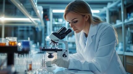 Scientist is looking through a microscope and taking notes, background