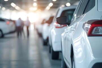 A close-up of white cars neatly parked in an airport lot, with blurred passengers waiting nearby. Sunlight streams in, creating a warm atmosphere. Ideal for travel-related graphics.