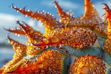 Close-up of a vibrant, dew-covered succulent with spiky orange tips against a blurred natural backdrop