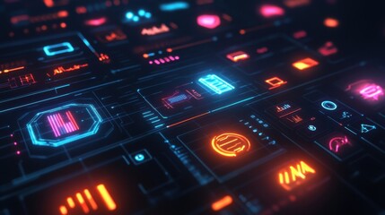 AI-powered digital icon set, futuristic glowing user interface elements,