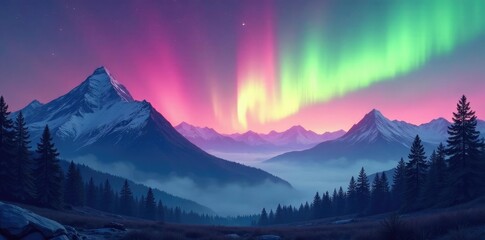 Soft pink purple green aurora borealis above mountains and trees,, pinkish hue, greenish hue