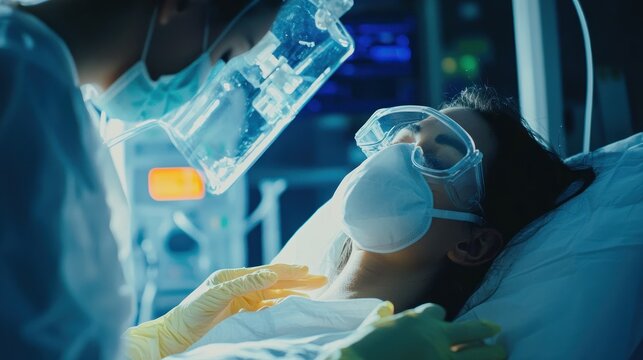 A medical professional assisting a patient experiencing hyperventilation in a controlled clinical environment